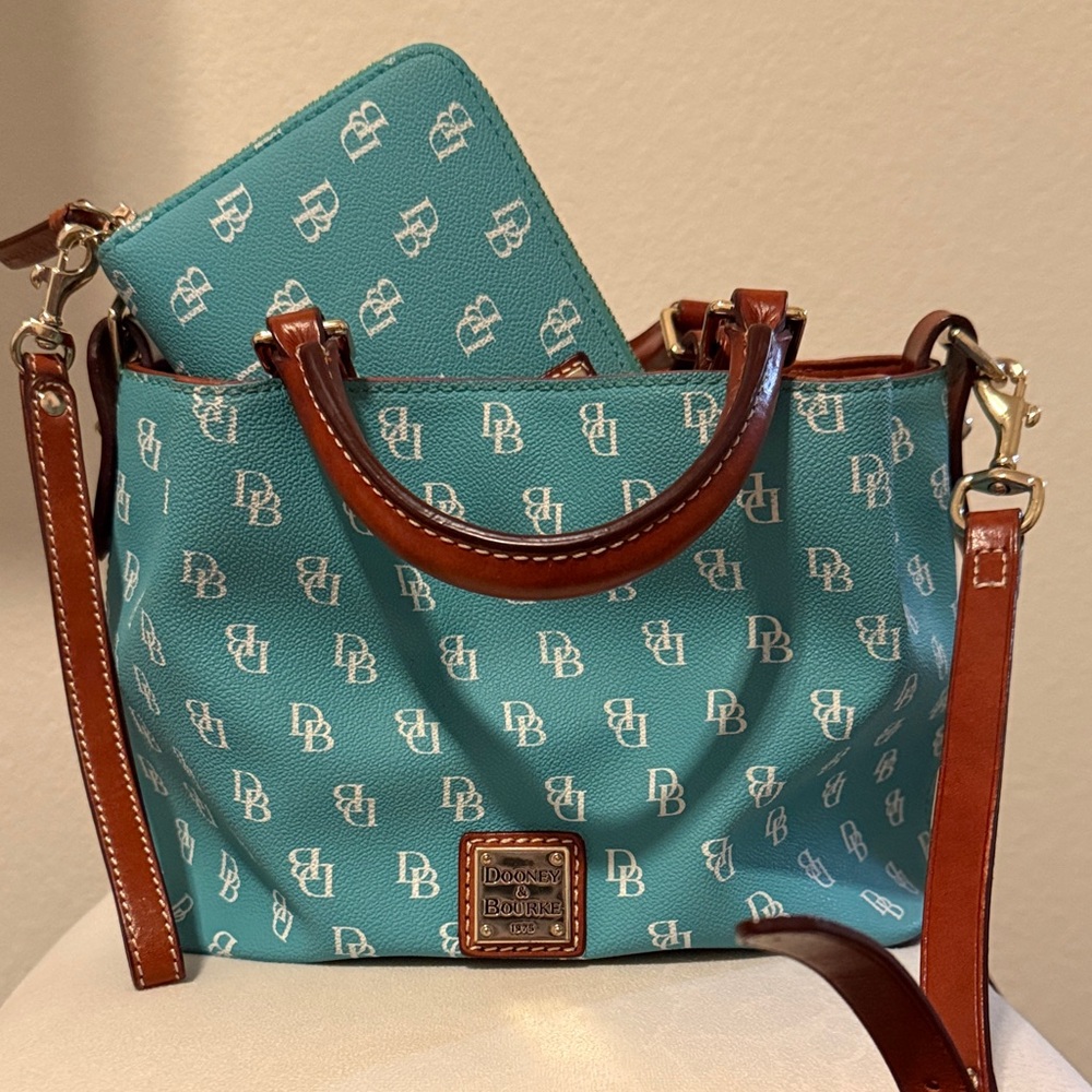 Dooney & Bourke Blue and Brown Shoulder Bag & Matching Wallet